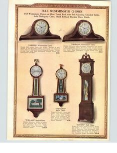 an old advertisement for grandfather clocks from the early 1900's, with pictures of them