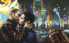 two men are kissing in front of a cityscape at night with neon lights