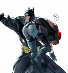 a drawing of a batman pointing at something with his right hand and the left arm outstretched