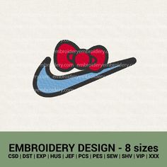 embroidery design - 8 sizes with red heart and blue shoe on white background, instant digital file