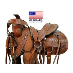 two saddles are shown with the us seller logo in the background and an american flag