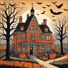 an orange house with bats flying over it