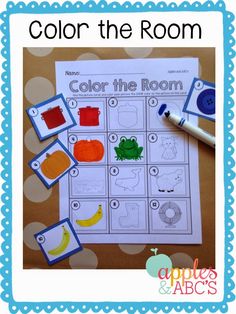 the color the room game is shown on top of a polka dot tablecloth with fruit and