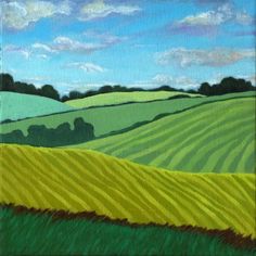 a painting of a green field with trees in the distance