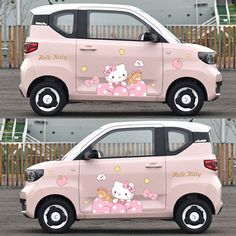 two side by side pictures of a pink car with hello kitty decals on it