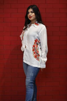 A stunningly marvellous Top. This Shirt Top features Multi-Colour Kashmiri Aari embroidery on Collar and shirt Pocket.- - - - - - - - - - - - - - - - - - - - Product Details- Condition: Brand New (made to order)- Brand: Glancia by Angad Creations- Style: Shirt Top- Fabric: Monga Cotton- Base Colour: White- Embroidery: Kashmiri Thread Embroidery- Embroidery Colour: Multi-Color- Standard Length: 27" (69 cm) approx. | Can be Customized - Care Instructions: Dry Clean Only**If you want the top to be Embroidery On Collar, Women Tunic, Hippie Top, Pashmina Wrap, White Cotton Shirt, Embroidered Shirts, Hippie Tops, Aari Embroidery, Shirt Pocket