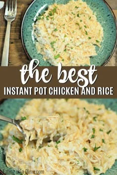 the best instant pot chicken and rice recipe on a green plate with silverware next to it