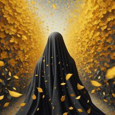 a painting of a hooded figure surrounded by yellow leaves