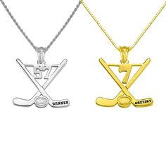 two pendants with the names of different sports teams on them, one in gold and one in silver