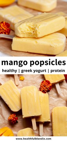 These easy and healthy 3 ingredient mango popsicles are made with fresh or frozen mango, Greek yogurt, and maple syrup—the perfect frozen and refreshing Summer dessert or snack. Creamy Mango Popsicles, Frozen Lollipops, Mango Greek Yogurt, Frozen Popsicle Recipes, Mango Popsicle Recipes, Blondie Recipes, Frozen Deserts