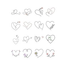 hearts drawn in different ways on a white background with the words love written across them