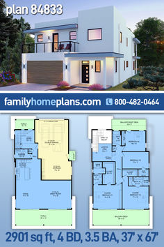 Contemporary or Modern Style House Plan 84833 with 2901 Sq Ft, 4 Bed, 4 Bath and a 2 Car Garage with a Narrow layout for smaller lots. Double Story House Plans, Roof Decks, Balcony Roof, 4 Bedroom House Designs, Open Living, Rooftop Deck