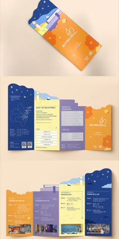 an open brochure is shown with different colors and shapes on the front, back and