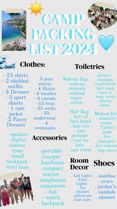 the camp packing list is shown in blue and white, with images of people on it