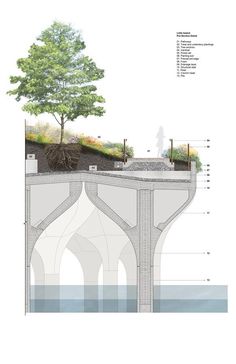 an architectural drawing shows the structure of a bridge with trees on top and water below