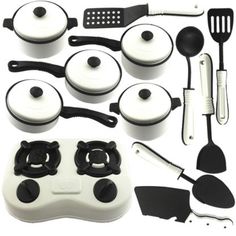 an assortment of cooking utensils and cookware