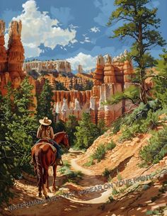 a painting of a man riding a horse on a trail in the mountains with trees