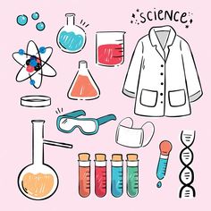 an illustration of science related items on a pink background with the words science written above them