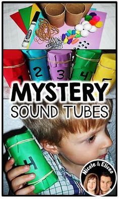 a young boy holding up a green tube with the words mystery sound tubes on it