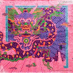 an intricately painted dragon on pink paper