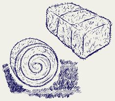 a hand drawn sketch of a hay bale and a roll of hay on the ground