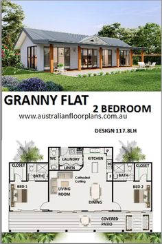 the grannyy flat 2 bedroom house plan is shown in this advertisement