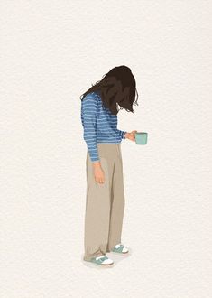 a drawing of a woman holding a coffee cup and looking down at the ground with her hands in her pockets