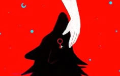 a painting of a woman's hand on the back of a black dog, against a red background