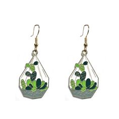 the earrings are decorated with green and white flowers in glass vases on gold earwires