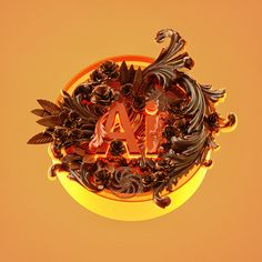 the letter a is made out of chocolate and surrounded by other decorative objects on an orange background