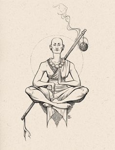 a drawing of a man sitting on top of a table with a pipe in his hand