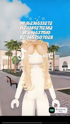 an animated girl with long blonde hair standing in front of a bench and palm trees