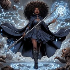 Black Artwork Inspiration, Black Female Superhero, Black Wizard, Witch Characters, Black Mage, Female Superhero