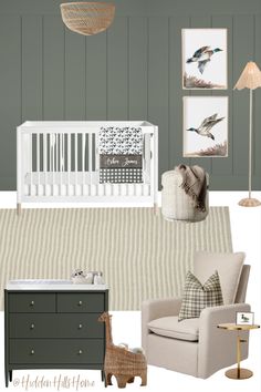 Baby boys nursery decor mood board with a duck hunting theme! This nursery has green and beige tones throughout with a green accent wall. Wood Duck Nursery, Green Nursery Boy, Boy Nursery Themes, Baby Boy Nursery Themes, Baby Boy Nursery Decor, Baby Nursery Themes