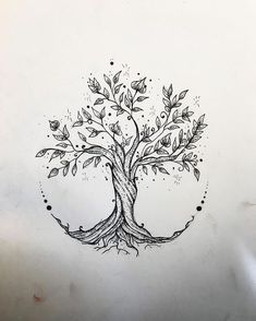 a drawing of a tree with leaves on it's trunk and branches in the shape of a circle