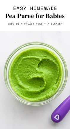 an easy homemade pea puree for babies made with frozen peas and a blender