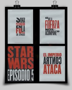 four star wars movie posters hanging on a wall in three different colors and styles, each with the title'el imperio artico de ataca '