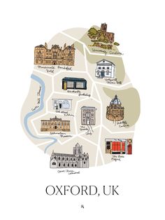 an illustrated map of the city of oxford, england