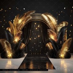 a black and gold stage with golden feathers on it's sides, surrounded by confetti