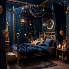 a bedroom decorated in blue and gold with stars on the ceiling, curtains, and bedding