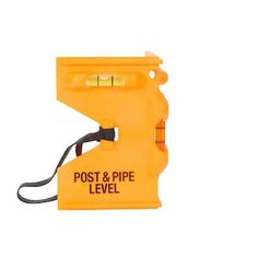 a yellow post and pipe leveler on a white background with the words post & pipe level below it