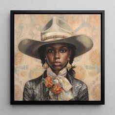 a painting of a woman wearing a cowboy hat with flowers in her hair and earrings