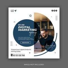 a blue and white flyer for a digital marketing company with a man talking on the phone