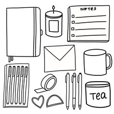 a black and white drawing of various items that include pens, pencils, coffee mug