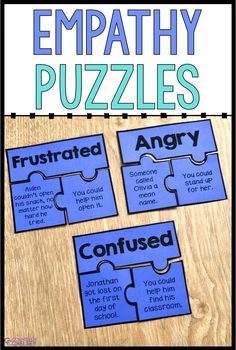 three puzzle pieces with words that read,'empathhy puzzles'and an image of