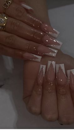 Nails To Show Nail Tech, Pretty Graduation Nails, Glittery French Tip Nails Square, Birthday Gel X Nails, Silver Sparkly French Tip Nails, Acrylic Nails Black Designs, Sparkly Nails Square, Sparkly White French Tip Nails, Nails Acrylic Wedding