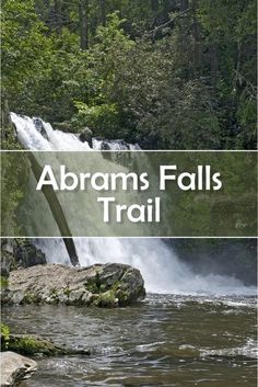 a waterfall with the words, abraham falls trail in front of it and an image of a