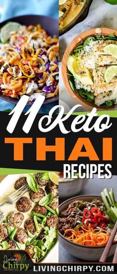 the cover of keto thai recipes, with pictures of different foods and vegetables in bowls