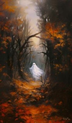 a painting of a white ghost in the middle of a forest with trees and leaves