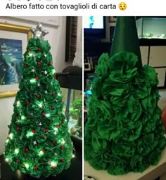 two pictures of a christmas tree made out of green paper with lights on it, and the same one in red